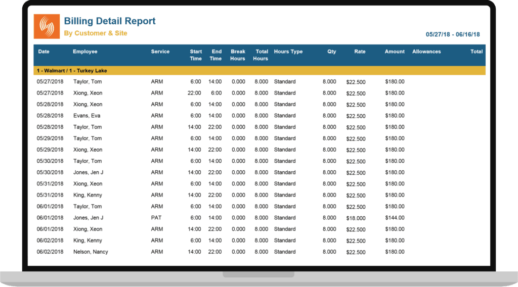 Celayix Billing Detail Report on laptop screen